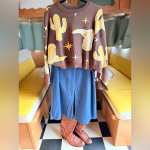 Baevely western print sweater with boots and cactus